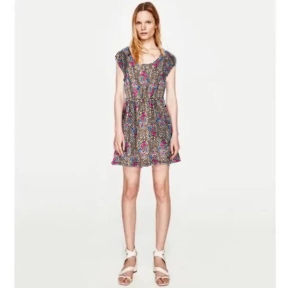 Zara Floral Print Baby Doll Dress Cap Sleeve Mini Dress with pockets Extra Small